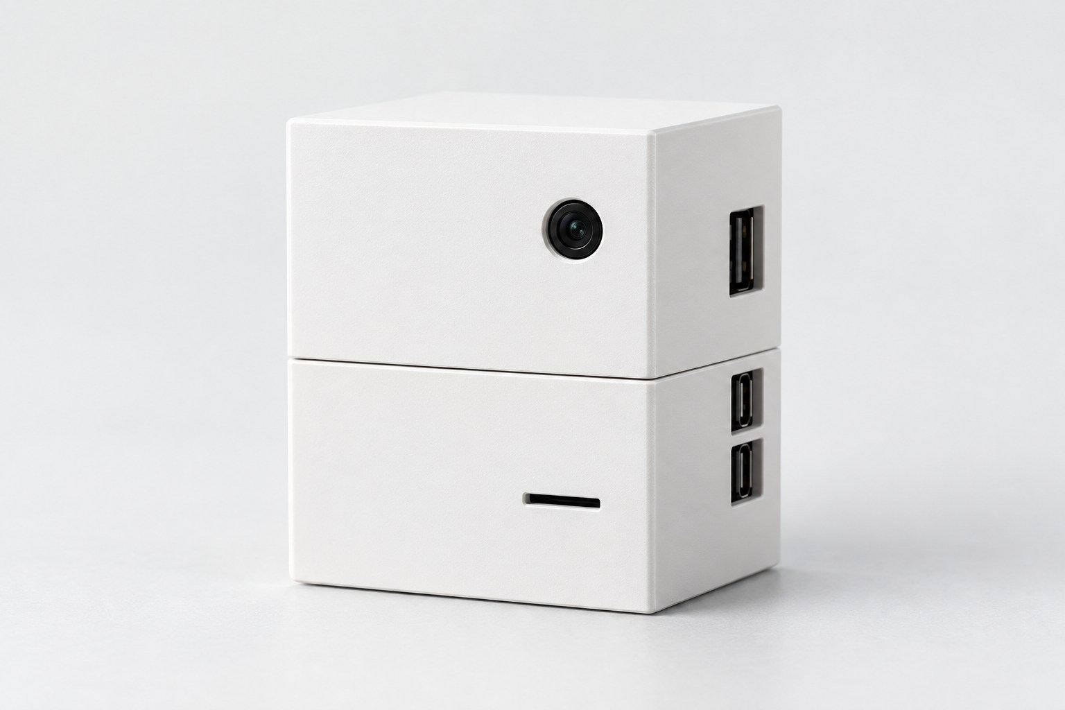 Polished visualization of the themomentz prototype: white two-part camera enclosure with a small front lens and recessed side ports